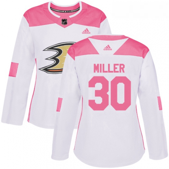 Womens Adidas Anaheim Ducks 30 Ryan Miller Authentic WhitePink Fashion NHL Jersey