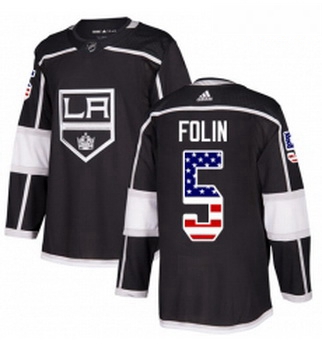 Youth Adidas Los Angeles Kings 5 Christian Folin Authentic Black USA Flag Fashion NHL Jersey