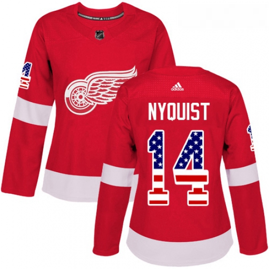 Womens Adidas Detroit Red Wings 14 Gustav Nyquist Authentic Red USA Flag Fashion NHL Jersey