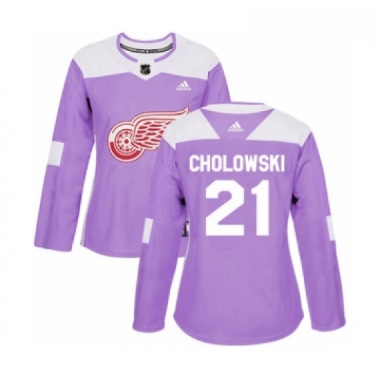 Womens Adidas Detroit Red Wings 21 Dennis Cholowski Authentic Purple Fights Cancer Practice NHL Jers