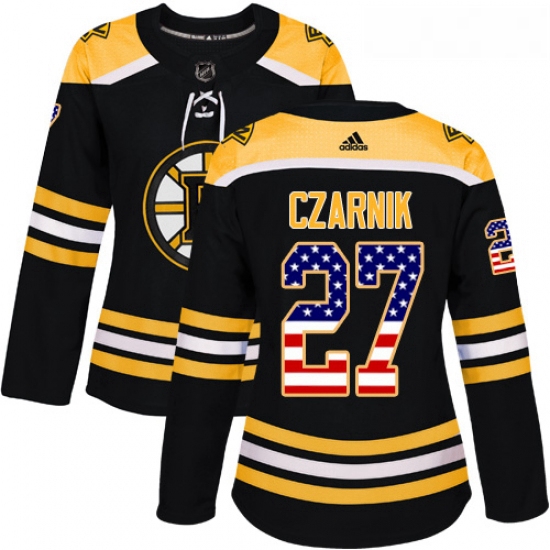 Womens Adidas Boston Bruins 27 Austin Czarnik Authentic Black USA Flag Fashion NHL Jersey