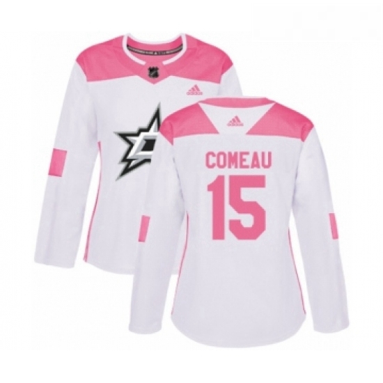 Womens Adidas Dallas Stars 15 Blake Comeau Authentic White Pink Fashion NHL Jersey