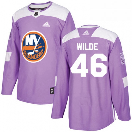 Mens Adidas New York Islanders 46 Bode Wilde Authentic Purple Fights Cancer Practice NHL Jersey