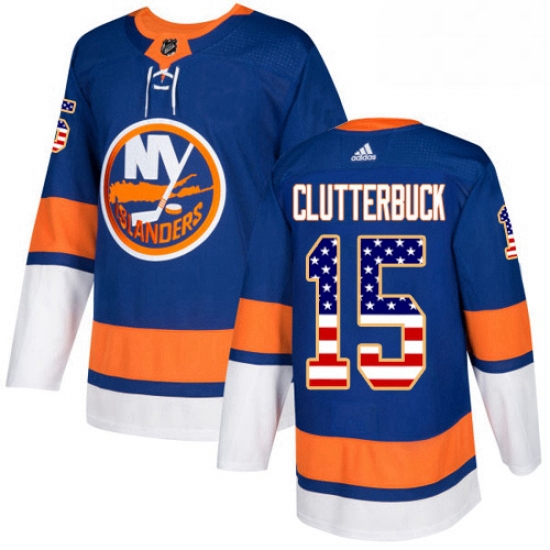 Mens Adidas New York Islanders 15 Cal Clutterbuck Authentic Royal Blue USA Flag Fashion NHL Jersey