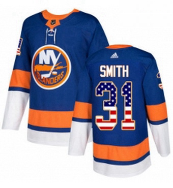 Mens Adidas New York Islanders 31 Billy Smith Authentic Royal Blue USA Flag Fashion NHL Jersey