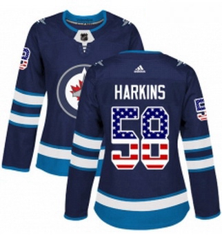 Womens Adidas Winnipeg Jets 58 Jansen Harkins Authentic Navy Blue USA Flag Fashion NHL Jersey