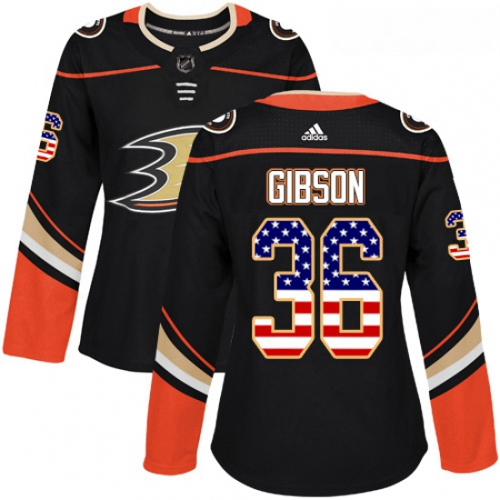 Womens Adidas Anaheim Ducks 36 John Gibson Authentic Black USA Flag Fashion NHL Jersey