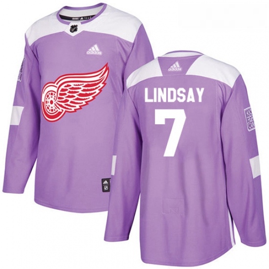 Youth Adidas Detroit Red Wings 7 Ted Lindsay Authentic Purple Fights Cancer Practice NHL Jersey