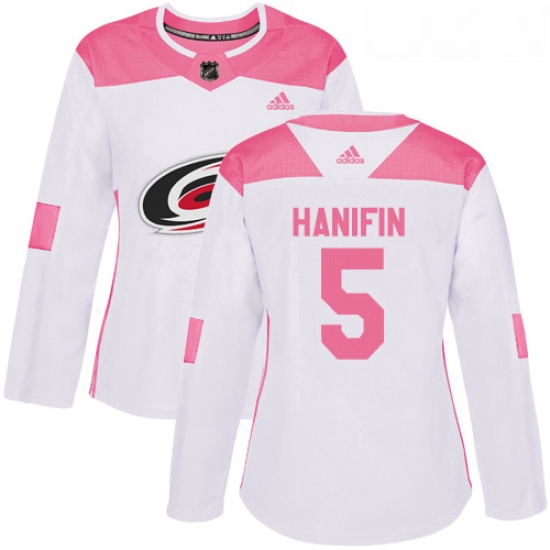 Womens Adidas Carolina Hurricanes 5 Noah Hanifin Authentic WhitePink Fashion NHL Jersey