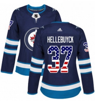 Womens Adidas Winnipeg Jets 37 Connor Hellebuyck Authentic Navy Blue USA Flag Fashion NHL Jersey