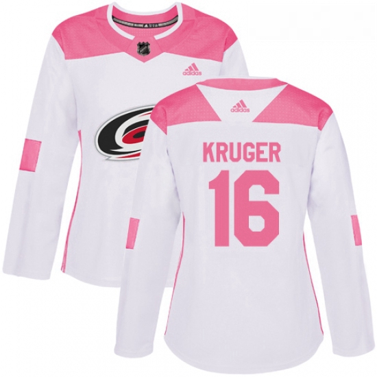 Womens Adidas Carolina Hurricanes 16 Marcus Kruger Authentic WhitePink Fashion NHL Jersey