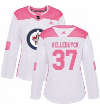 Womens Adidas Winnipeg Jets 37 Connor Hellebuyck Authentic WhitePink Fashion NHL Jersey