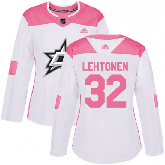 Womens Adidas Dallas Stars 32 Kari Lehtonen Authentic WhitePink Fashion NHL Jersey