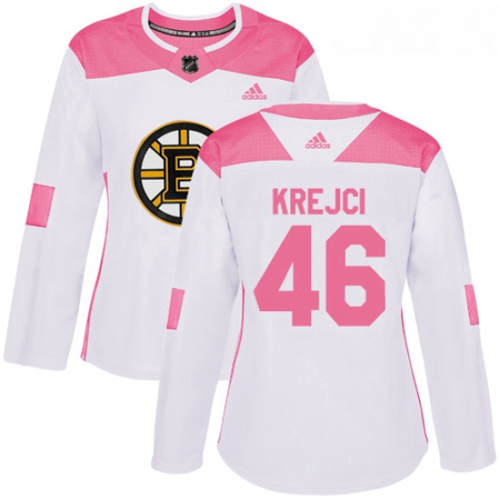 Womens Adidas Boston Bruins 46 David Krejci Authentic WhitePink Fashion NHL Jersey