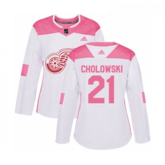 Womens Adidas Detroit Red Wings 21 Dennis Cholowski Authentic White Pink Fashion NHL Jersey