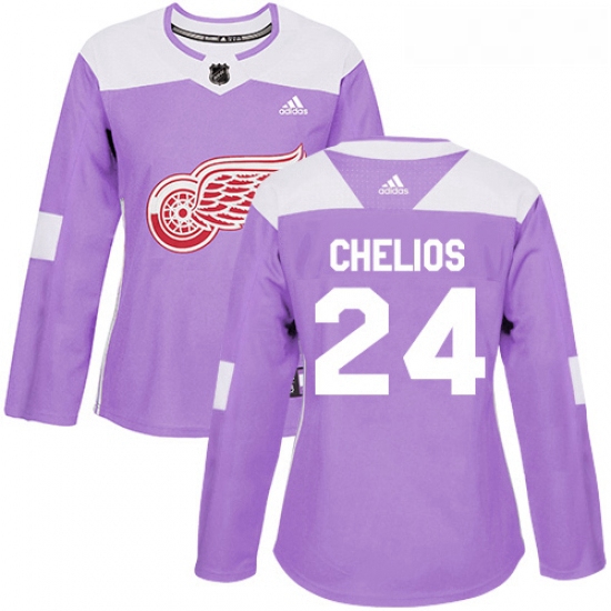 Womens Adidas Detroit Red Wings 24 Chris Chelios Authentic Purple Fights Cancer Practice NHL Jersey