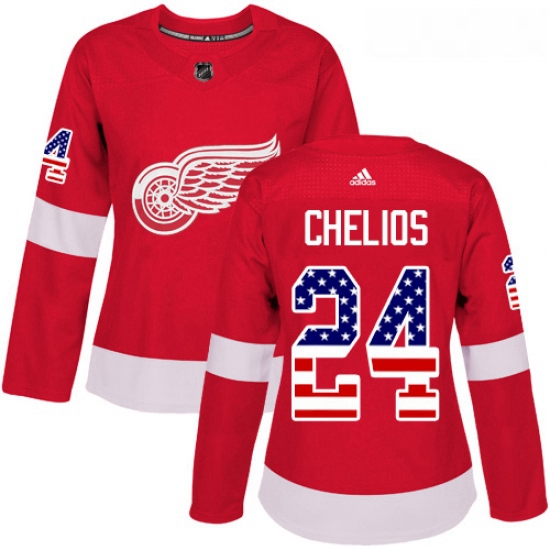 Womens Adidas Detroit Red Wings 24 Chris Chelios Authentic Red USA Flag Fashion NHL Jersey