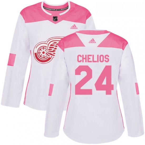 Womens Adidas Detroit Red Wings 24 Chris Chelios Authentic WhitePink Fashion NHL Jersey