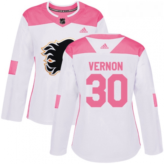 Womens Adidas Calgary Flames 30 Mike Vernon Authentic WhitePink Fashion NHL Jersey