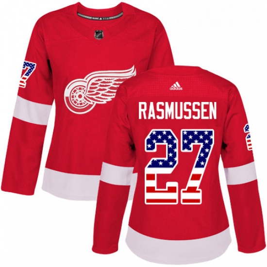 Womens Adidas Detroit Red Wings 27 Michael Rasmussen Authentic Red USA Flag Fashion NHL Jersey