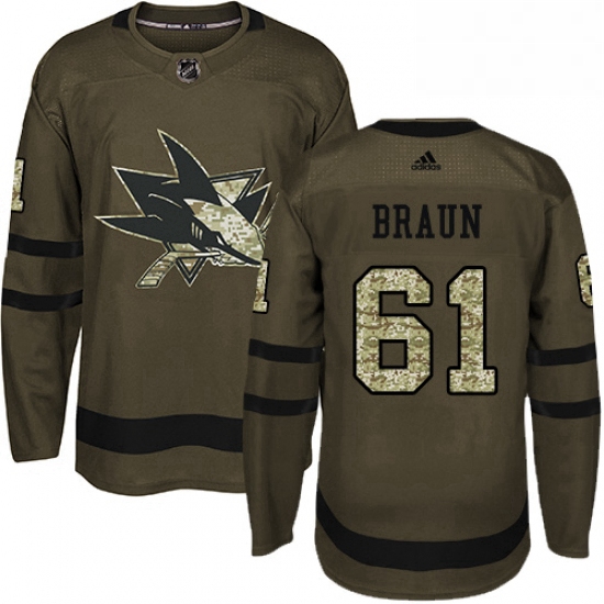 Mens Adidas San Jose Sharks 61 Justin Braun Authentic Green Salute to Service NHL Jersey