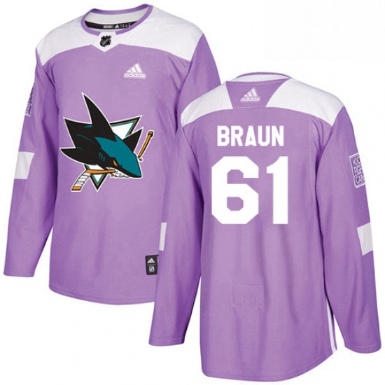 Mens Adidas San Jose Sharks 61 Justin Braun Authentic Purple Fights Cancer Practice NHL Jersey