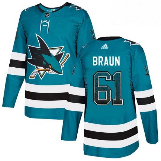 Mens Adidas San Jose Sharks 61 Justin Braun Authentic Teal Drift Fashion NHL Jersey