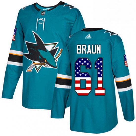 Mens Adidas San Jose Sharks 61 Justin Braun Authentic Teal Green USA Flag Fashion NHL Jersey