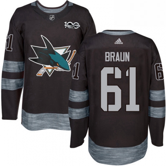 Mens Adidas San Jose Sharks 61 Justin Braun Premier Black 1917 2017 100th Anniversary NHL Jersey