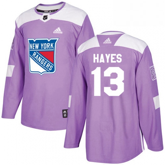 Mens Adidas New York Rangers 13 Kevin Hayes Authentic Purple Fights Cancer Practice NHL Jersey