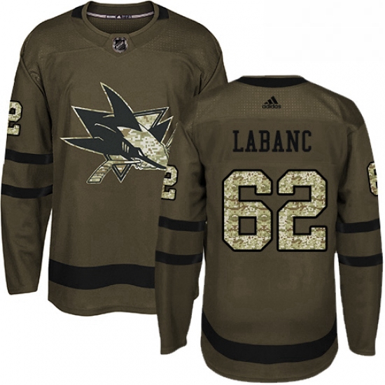 Mens Adidas San Jose Sharks 62 Kevin Labanc Premier Green Salute to Service NHL Jersey