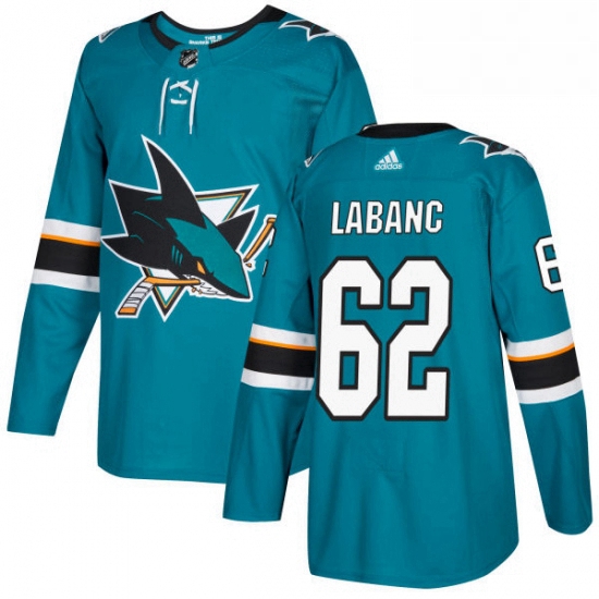 Mens Adidas San Jose Sharks 62 Kevin Labanc Premier Teal Green Home NHL Jersey