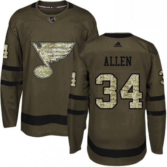 Mens Adidas St Louis Blues 34 Jake Allen Authentic Green Salute to Service NHL Jersey