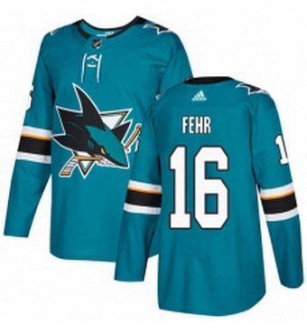 Mens Adidas San Jose Sharks 16 Eric Fehr Authentic Teal Green Home NHL Jerse