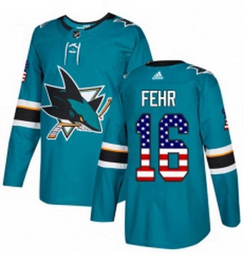 Mens Adidas San Jose Sharks 16 Eric Fehr Authentic Teal Green USA Flag Fashion NHL Jerse