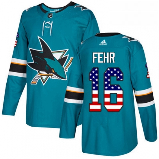 Mens Adidas San Jose Sharks 16 Eric Fehr Authentic Teal Green USA Flag Fashion NHL Jersey