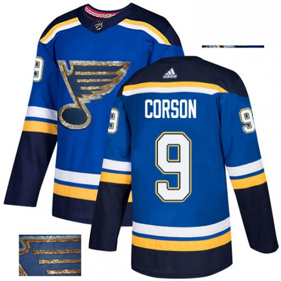 Mens Adidas St Louis Blues 9 Shayne Corson Authentic Royal Blue Fashion Gold NHL Jersey