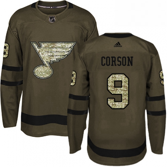 Mens Adidas St Louis Blues 9 Shayne Corson Premier Green Salute to Service NHL Jersey