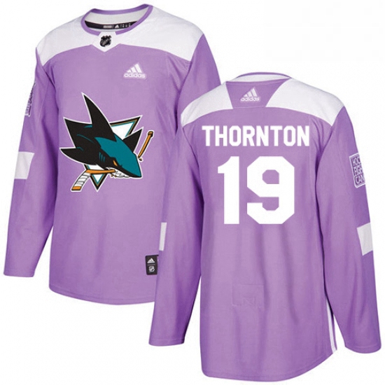 Mens Adidas San Jose Sharks 19 Joe Thornton Authentic Purple Fights Cancer Practice NHL Jersey