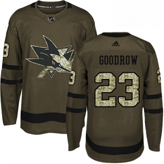 Mens Adidas San Jose Sharks 23 Barclay Goodrow Premier Green Salute to Service NHL Jersey