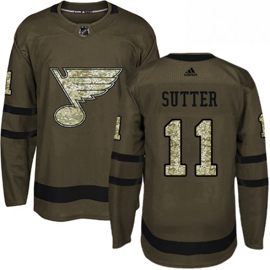 Mens Adidas St Louis Blues 11 Brian Sutter Premier Green Salute to Service NHL Jersey