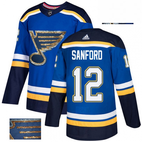 Mens Adidas St Louis Blues 12 Zach Sanford Authentic Royal Blue Fashion Gold NHL Jersey