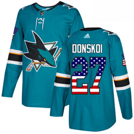 Mens Adidas San Jose Sharks 27 Joonas Donskoi Authentic Teal Green USA Flag Fashion NHL Jersey