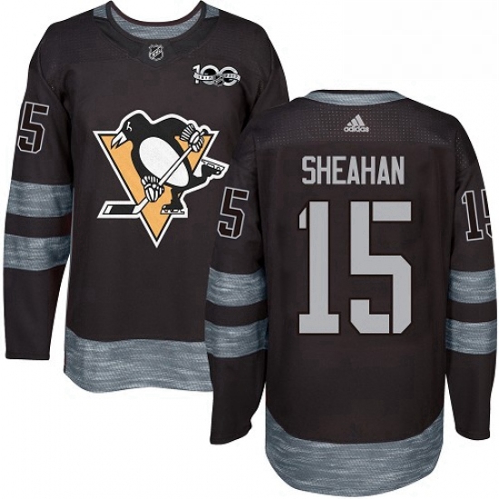 Mens Adidas Pittsburgh Penguins 15 Riley Sheahan Authentic Black 1917 2017 100th Anniversary NHL Jer