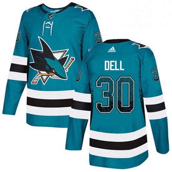 Mens Adidas San Jose Sharks 30 Aaron Dell Authentic Teal Drift Fashion NHL Jersey