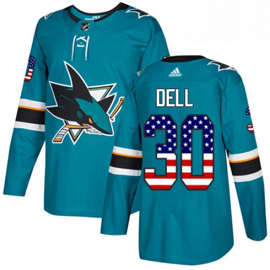 Mens Adidas San Jose Sharks 30 Aaron Dell Authentic Teal Green USA Flag Fashion NHL Jersey