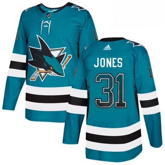 Mens Adidas San Jose Sharks 31 Martin Jones Authentic Teal Drift Fashion NHL Jersey