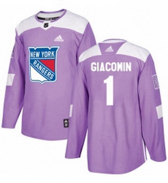 Mens Adidas New York Rangers 1 Eddie Giacomin Authentic Purple Fights Cancer Practice NHL Jersey