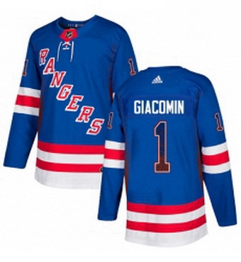 Mens Adidas New York Rangers 1 Eddie Giacomin Authentic Royal Blue Drift Fashion NHL Jersey