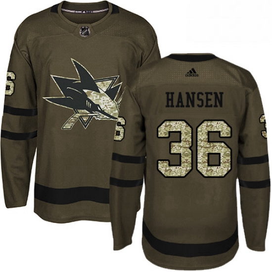 Mens Adidas San Jose Sharks 36 Jannik Hansen Authentic Green Salute to Service NHL Jersey